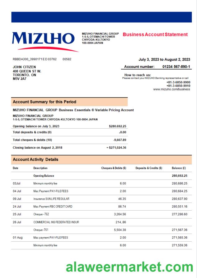 Mizuho  Financial Group bank company account statement Word and PDF template